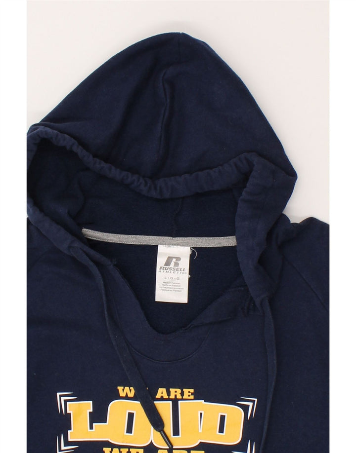 RUSSELL ATHLETIC Mens Graphic Hoodie Jumper Large Navy Blue Vintage Russell Athletic and Second-Hand Russell Athletic from Messina Hembry 