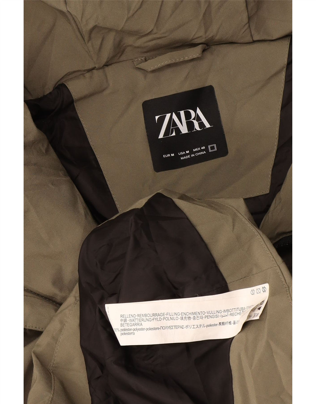 Zara Herre hættepolstret jakke UK 38 Medium Khaki Polyester
