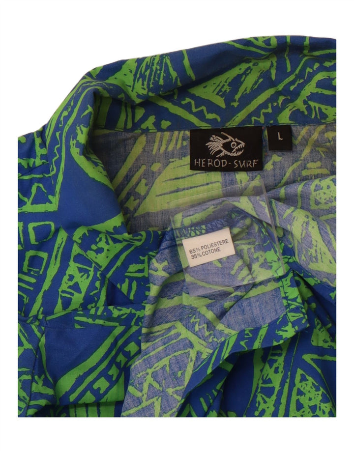 VINTAGE Kortærmet Herreskjorte Stor Blå Geometrisk Polyester
