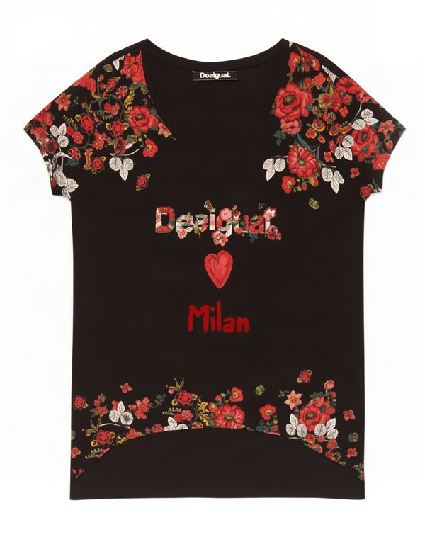 Desigual Kvinders Grafisk T-Shirt Kjole UK 18 XL Sort Floral Viscose