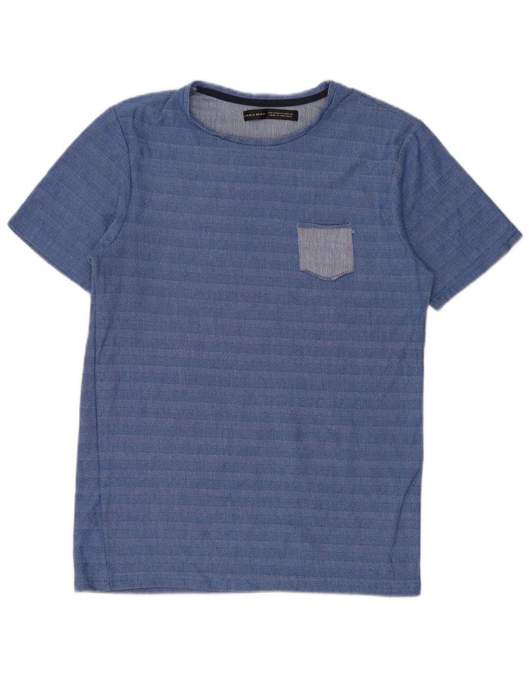 Zara Herre T-Shirt Top XL Blå Stribet Bomuld