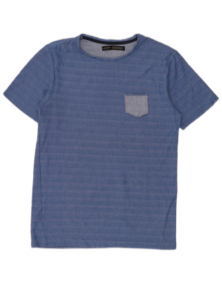 Zara Herre T-Shirt Top XL Blå Stribet Bomuld
