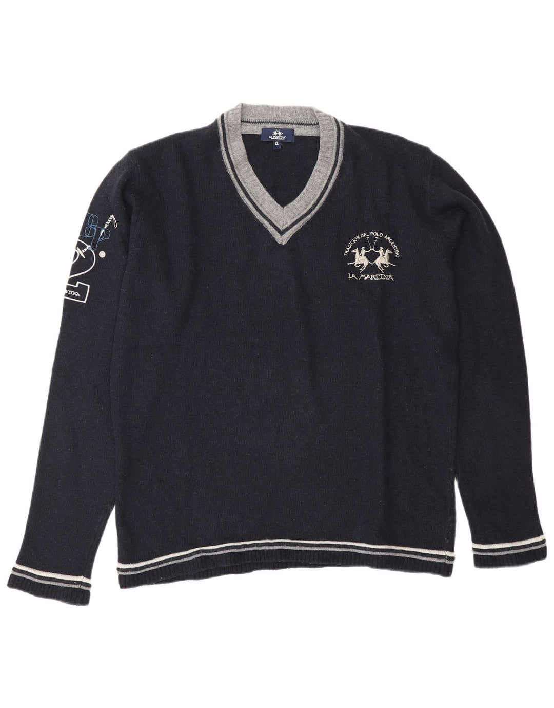 La Martina Herre grafisk V-hals sweater XL marineblå