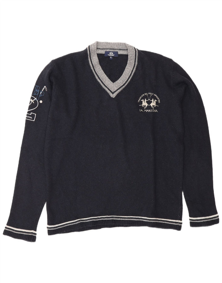 La Martina Herre grafisk V-hals sweater XL marineblå