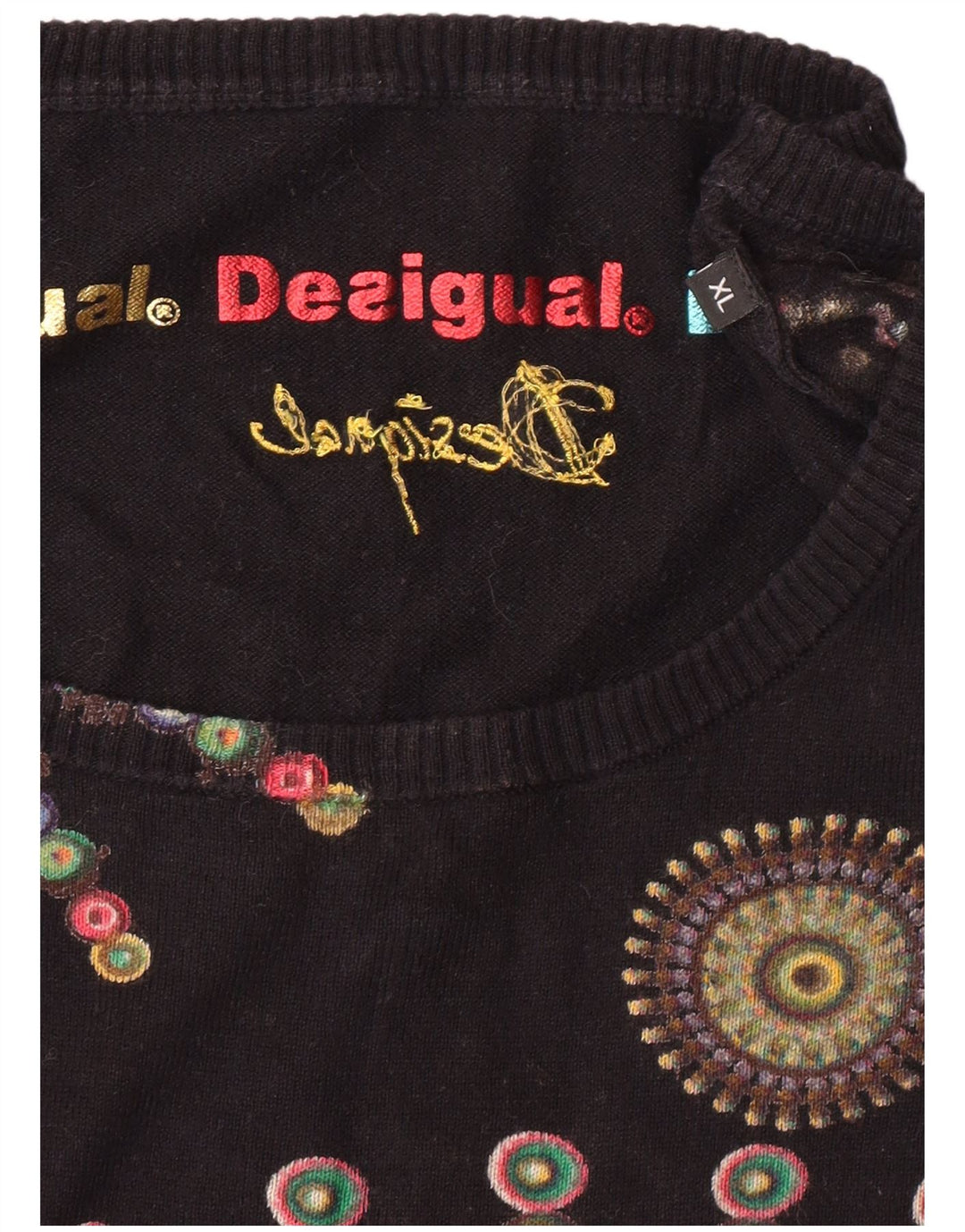 DESIGUAL Womens Abstract Pattern Boat Neck Jumper Sweater UK 18 XL Black