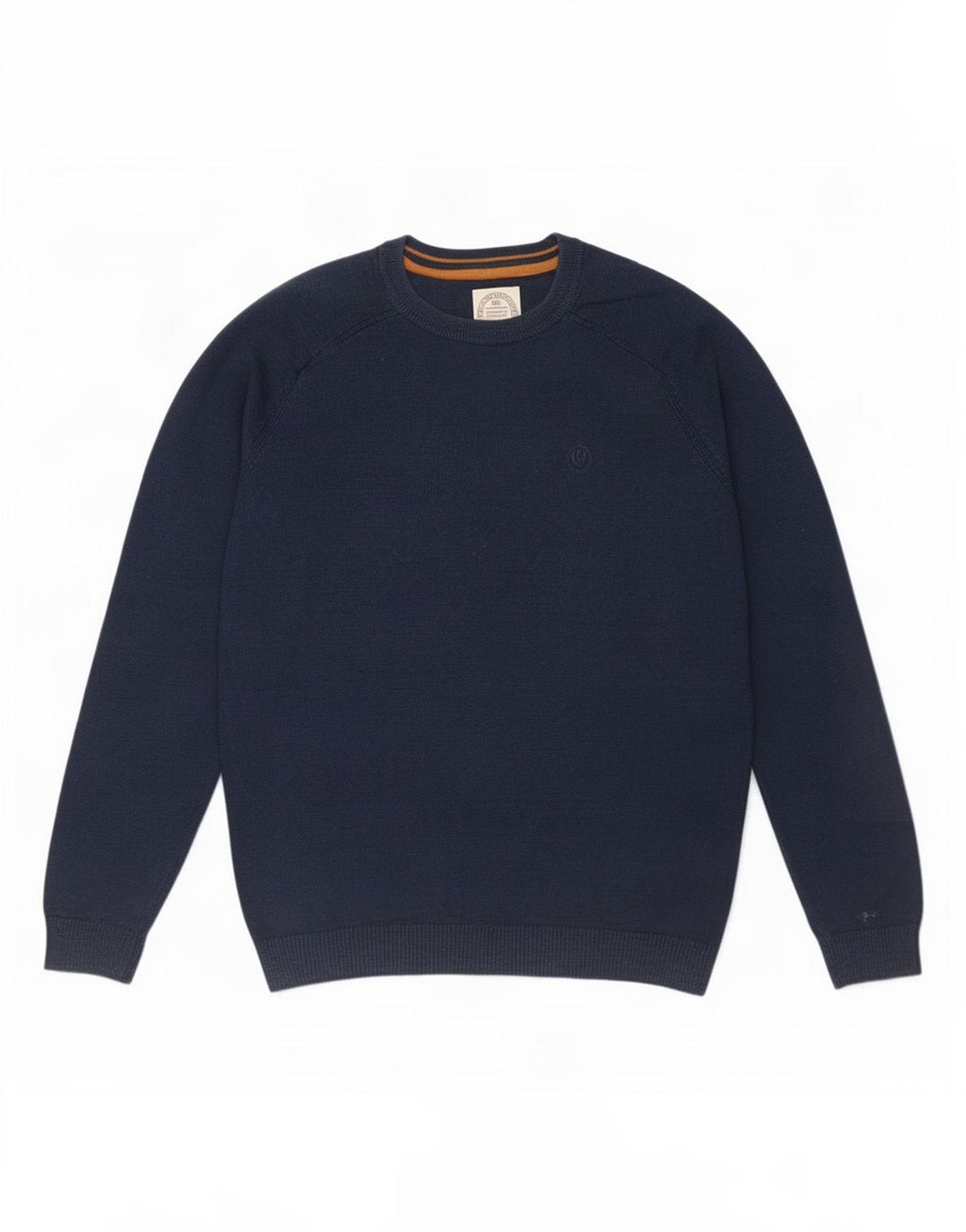 Fedt ansigt herre rund hals sweater mellem marineblå bomuld