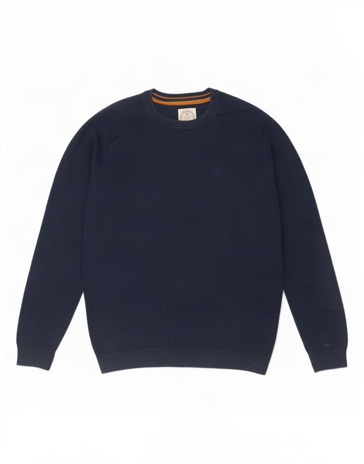 Fedt ansigt herre rund hals sweater mellem marineblå bomuld