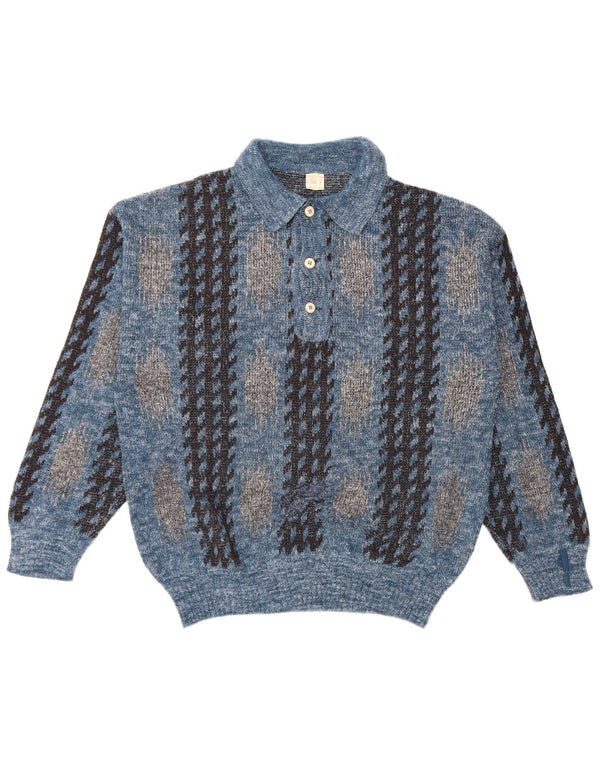 Vintage herre polo hals sweater medium blå geometrisk