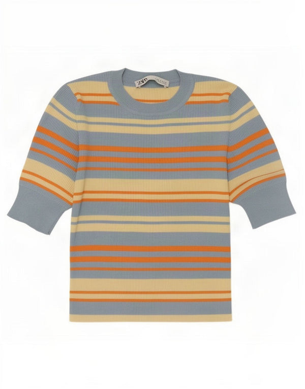 Zara Womens Crop Bluse Top UK 12 Medium Multicolored Stribet Viscose