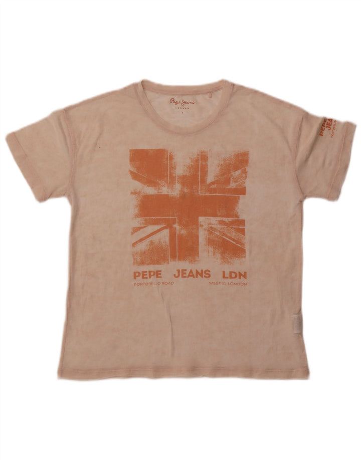 PEPE Jeans Kvinder Oversized grafisk T-shirt Top UK 10 Small Beige Bomuld