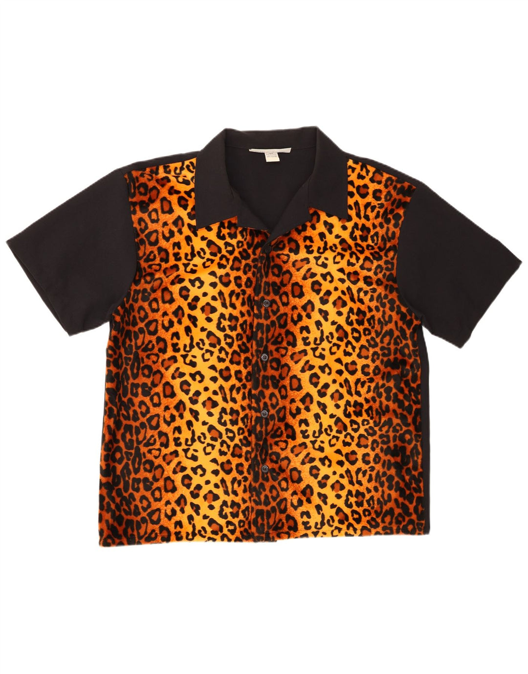 Vintage kortærmet herreskjorte XL sort dyreprint polyester