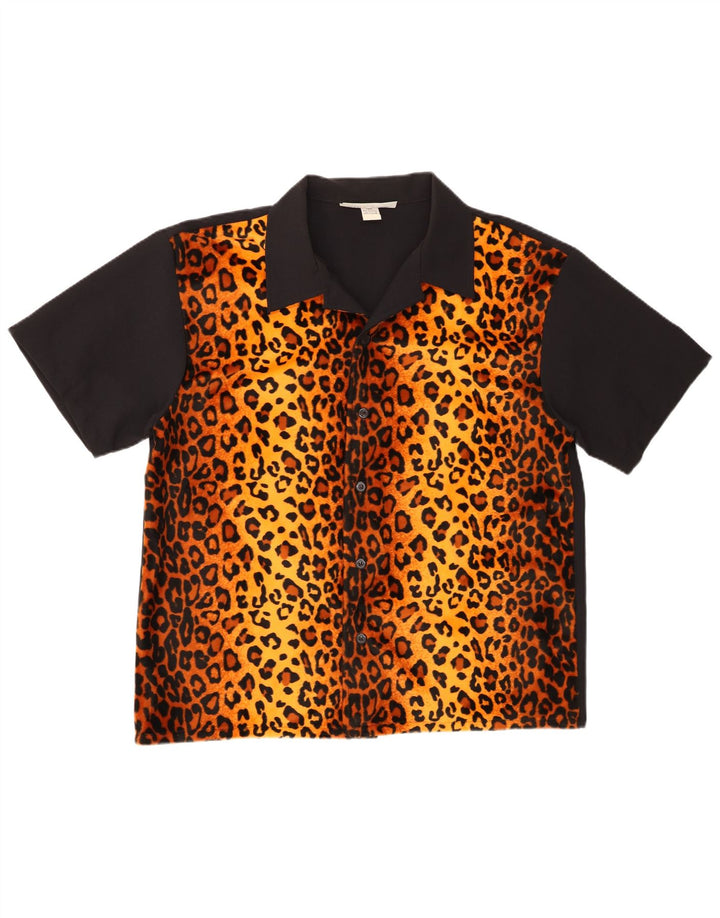 Vintage kortærmet herreskjorte XL sort dyreprint polyester