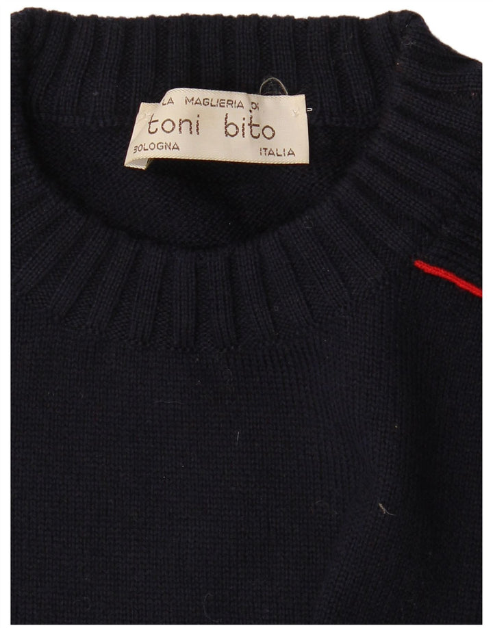 Vintage herre rund hals sweater medium marineblå stribet