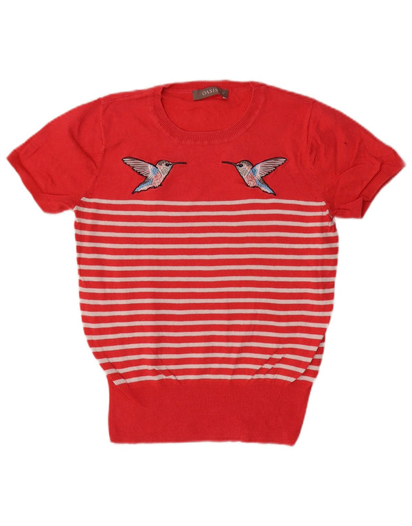 Oasis Dame grafisk rund hals sweater UK 6 XS rød stribet