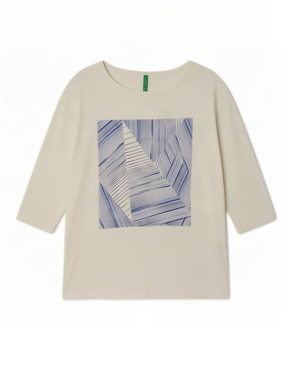 Benetton Dame Grafisk 3/4-ærmet Tunika Top UK 14 Medium Hvid Bomuld