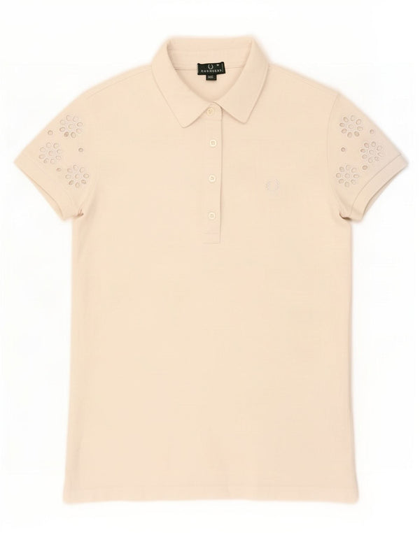 Fred Perry Dame Polo Shirt UK 12 Medium White Floral Bomuld