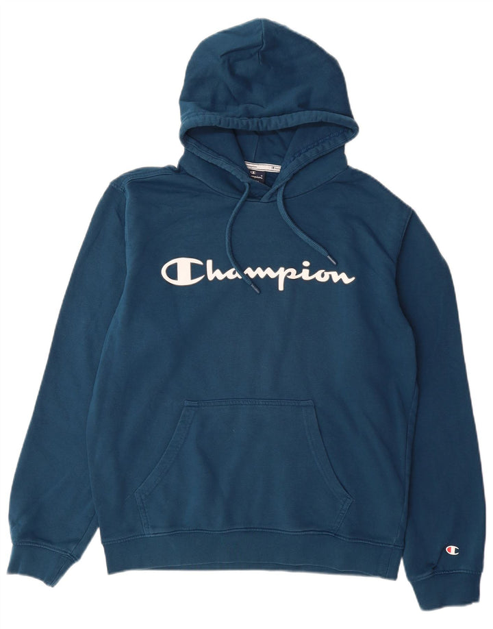 CHAMPION Mens Graphic Hoodie Jumper Medium Blue Cotton