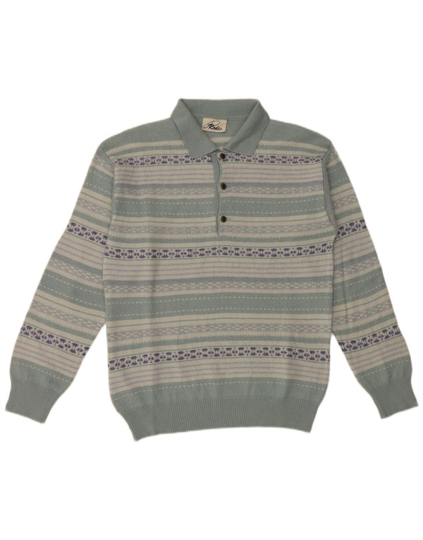 Rodes Herre Polo Neck Jumper Sweater Large Green Fair Isle Virgin Wool