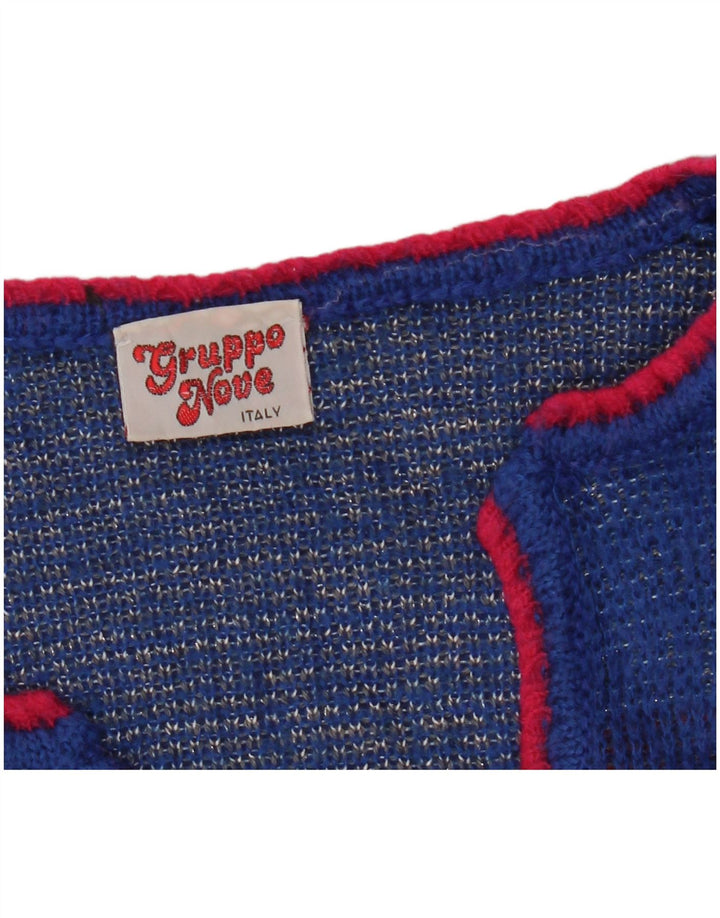 VINTAGE Dame grafisk V-hals sweater UK 16 Large Blue