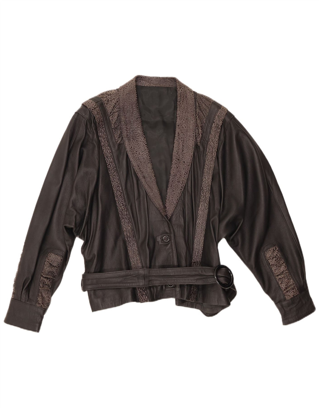 VINTAGE Dame Læderjakke IT 48 XL Sort Geometrisk Læder