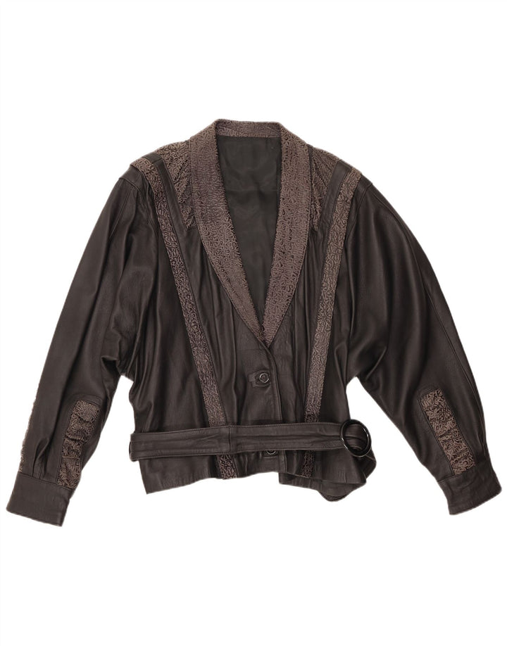 VINTAGE Dame Læderjakke IT 48 XL Sort Geometrisk Læder