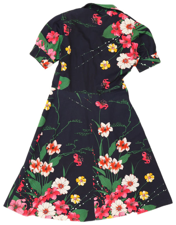 Vintage Dame A-Line Kjole UK 12 Medium Navy Blue Floral