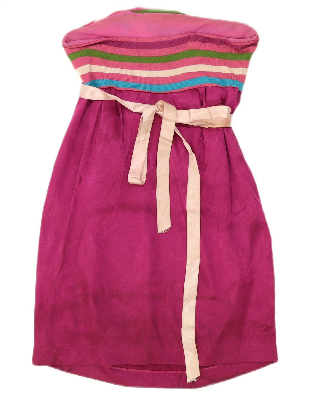 Vintage Dame Stropløs Kjole UK 12 Medium Pink Stribet Polyester