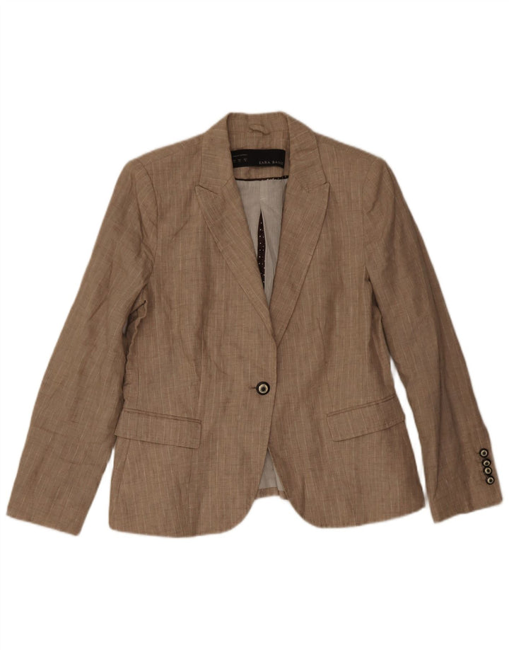 Zara Dame 1 Knap Blazer Jacket UK 18 XL Beige Nålestribet Polyester