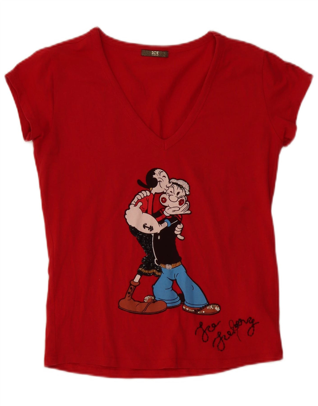 ICEBERG Dame Popeye Grafisk T-Shirt Top UK 12 Medium Rød Bomuld