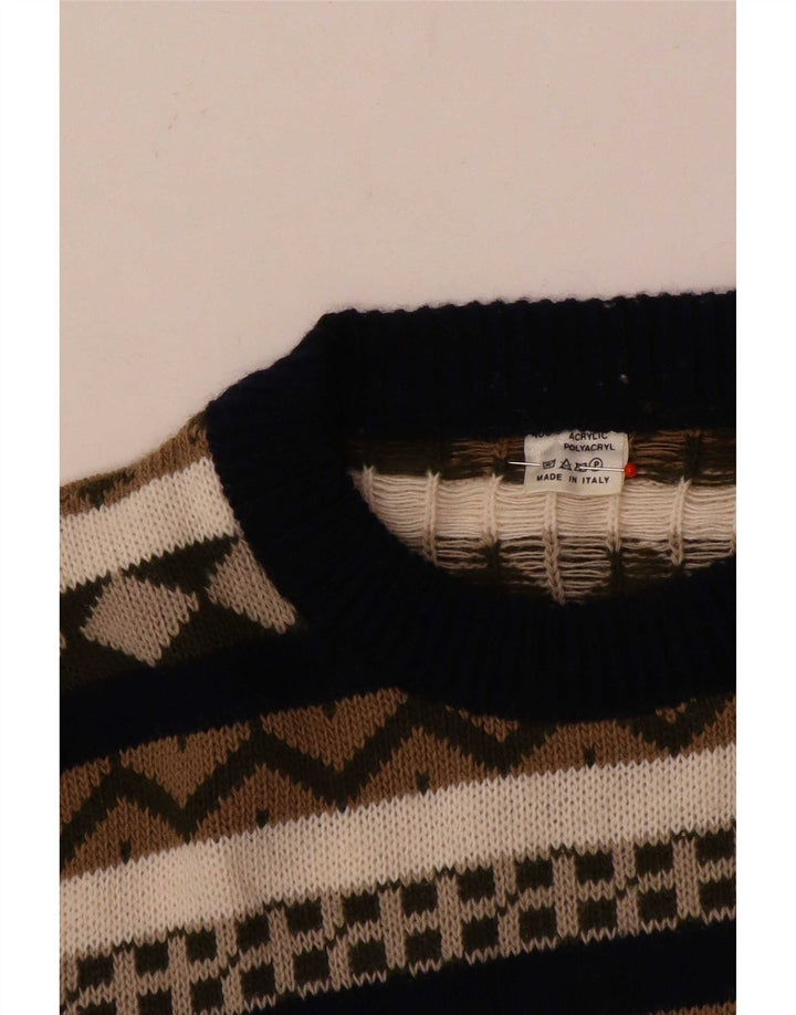 Vintage Herre Boat Neck Jumper Sweater Medium Flerfarvet Geometrisk