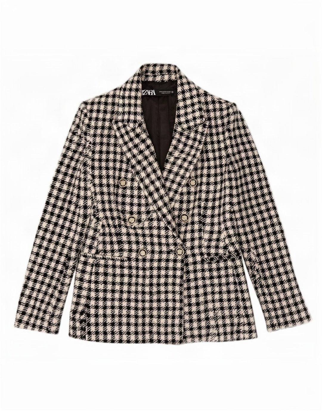 Zara Dame Dobbeltradet Blazer Jacket UK 6 XS Sort Gingham Polyester