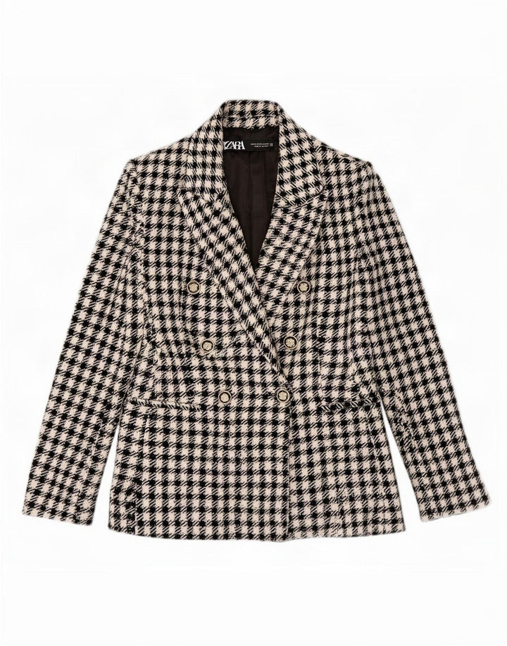 Zara Dame Dobbeltradet Blazer Jacket UK 6 XS Sort Gingham Polyester
