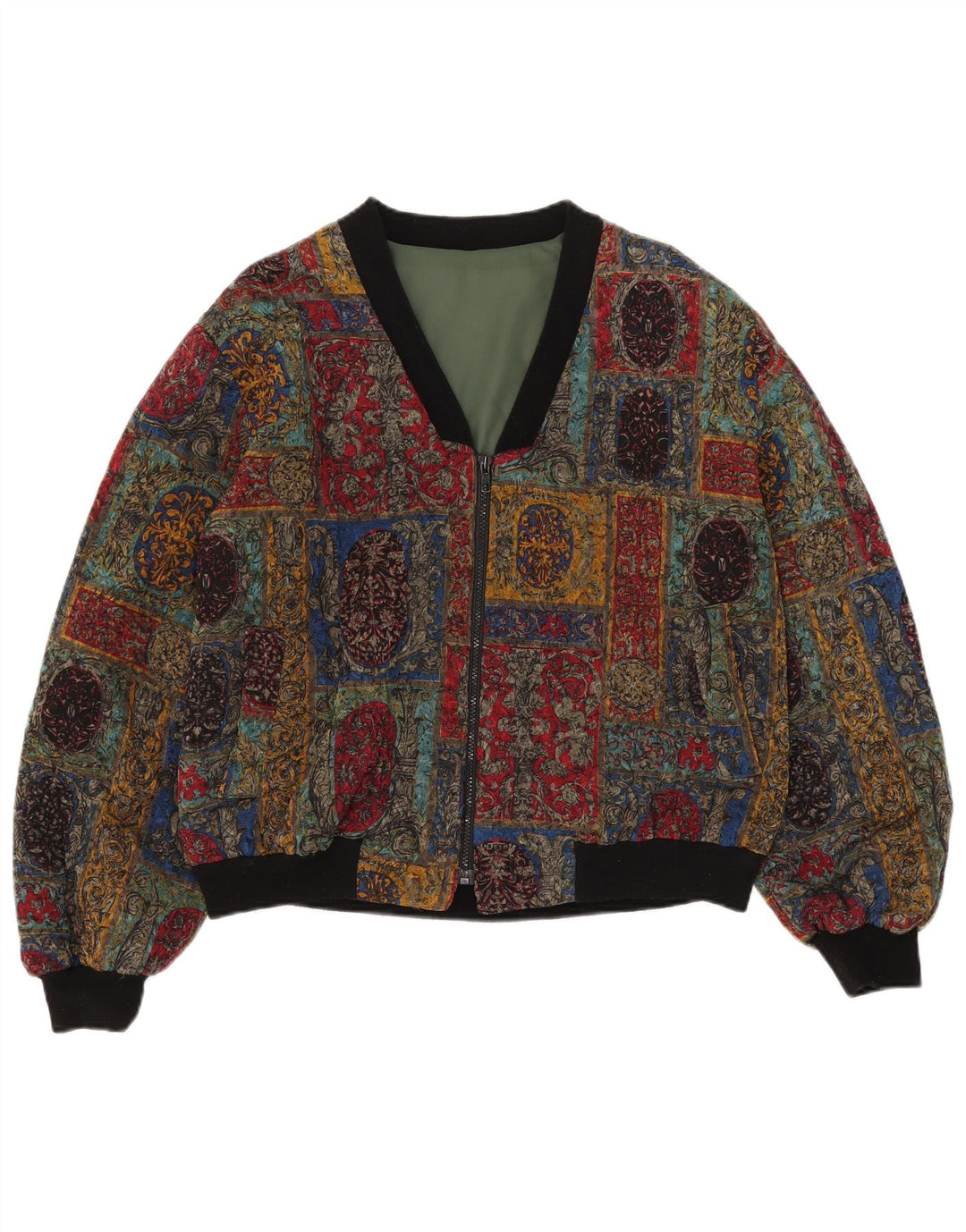 Vintage Dame Bomber Jacket UK 16 Stor Flerfarvet Geometrisk