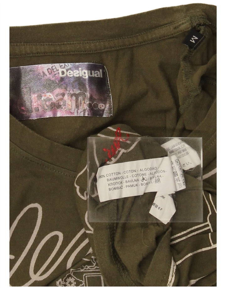 DESIGUAL Dame Grafisk Top Langærmet UK 12 Medium Khaki Bomuld