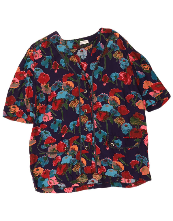 Vintage kvinders kortærmet skjortebluse UK 16 Large Navy Blue Floral