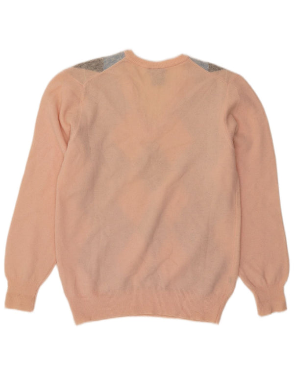 Vintage Dame V-hals Jumper Sweater UK 16 Large Pink Argyle/Diamond Wool