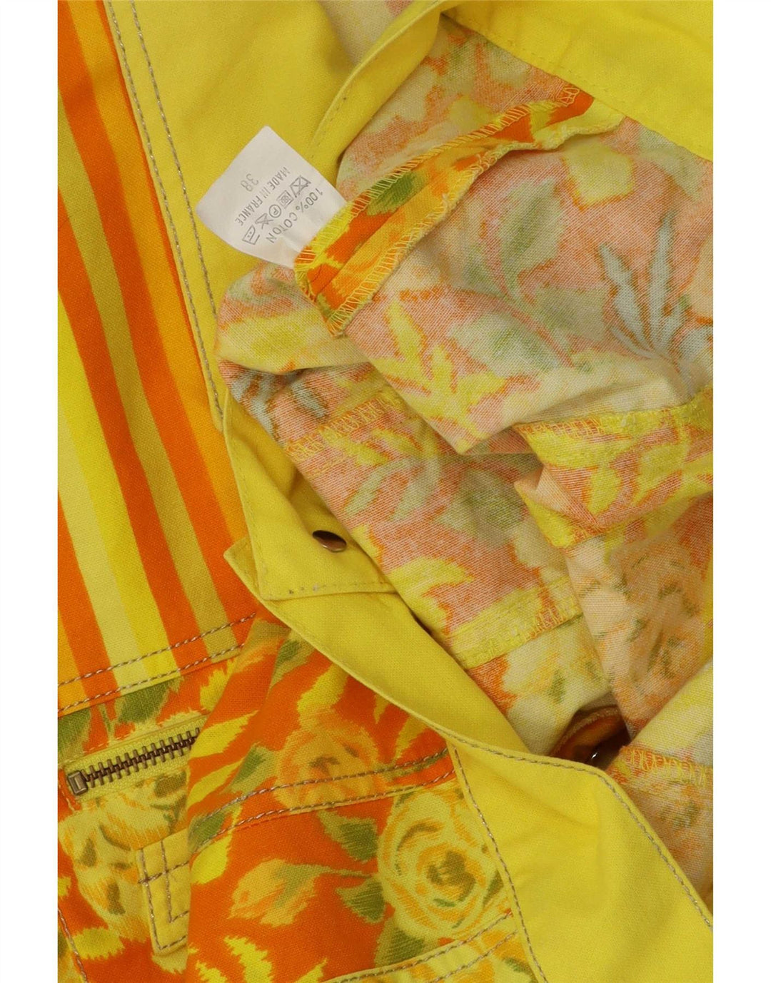 Vintage Dame Crop Bomber Jacket EU 38 Medium Yellow Floral Cotton