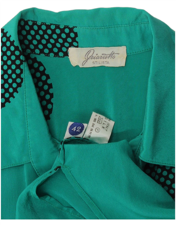 Vintage kortærmet skjortebluse til kvinder IT 42 Mellemblå geometrisk silke
