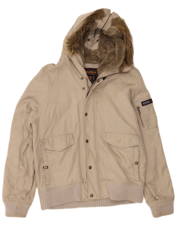 Woolrich Herre Hooded Bomber Jacket UK 38 Medium Beige Nylon