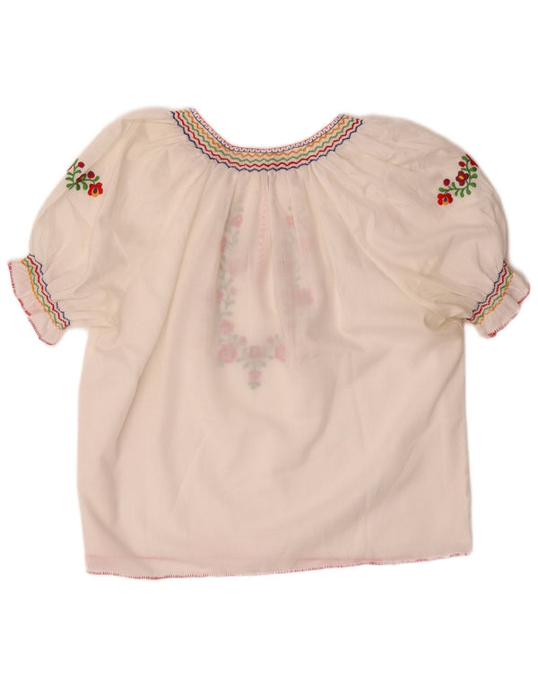 VINTAGE Womens Crop Bluse Top UK 16 Large White Floral Polyester