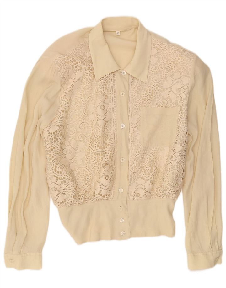 Vintage dameskjorte bluse IT 44 Medium Beige Blomstret Silke