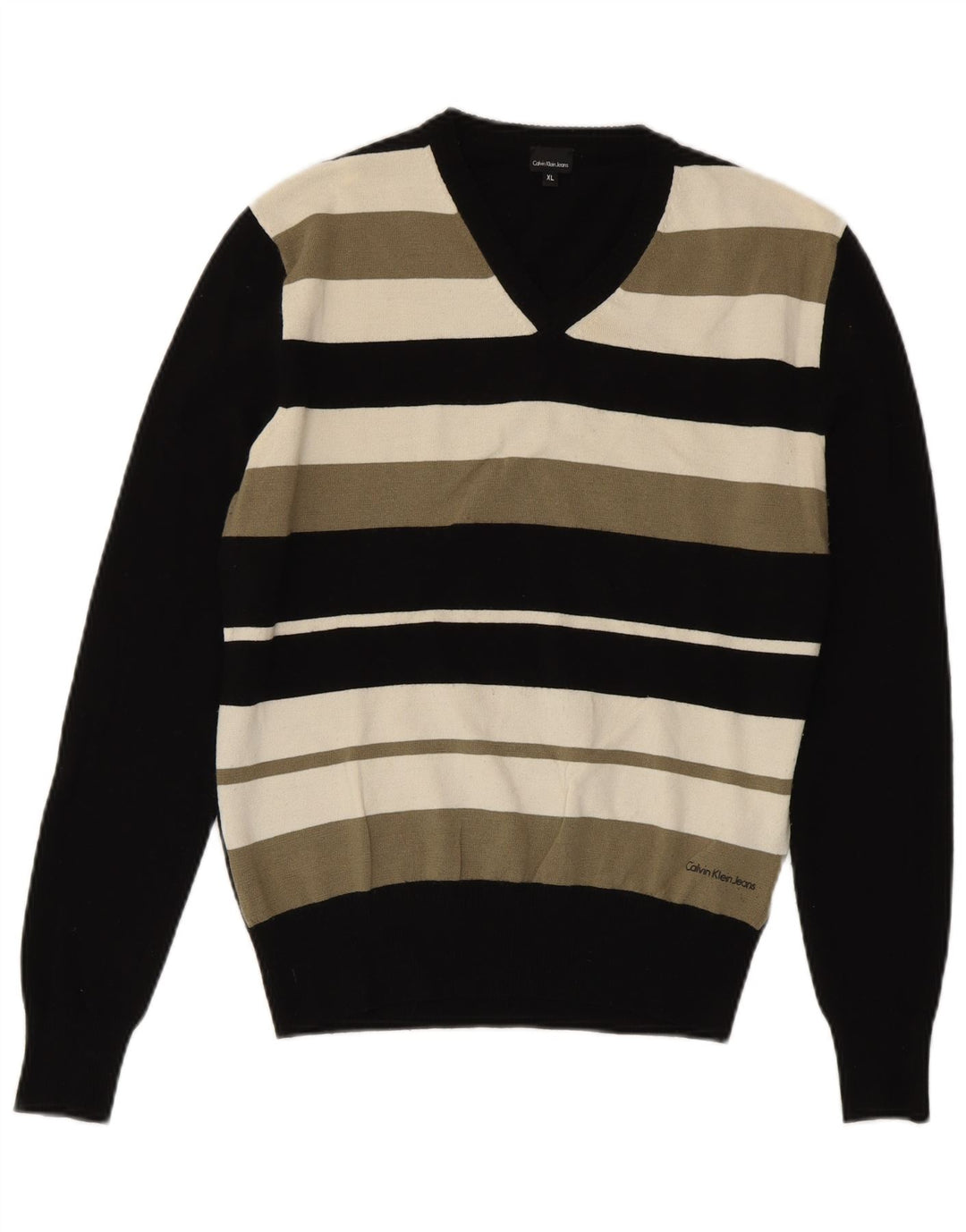Calvin Klein Jeans Dame V-hals trøje Sweater Lille sort stribet uld
