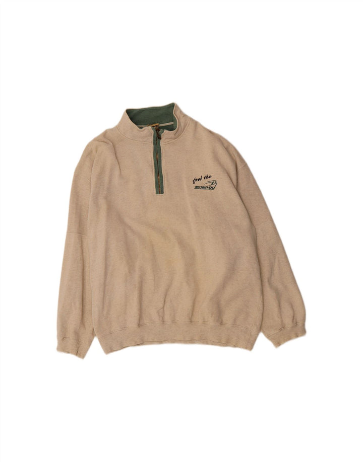VINTAGE Mens Graphic Zip Neck Sweatshirt Jumper Large Beige Cotton