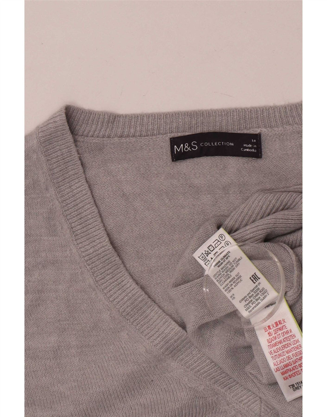 Marks & Spencer Dame V-hals sweater UK 14 Stor Grå Akryl