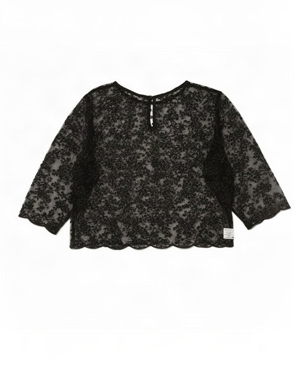Zara Womens 3/4 ærmet gennemsigtig top UK 16 Large Black Floral