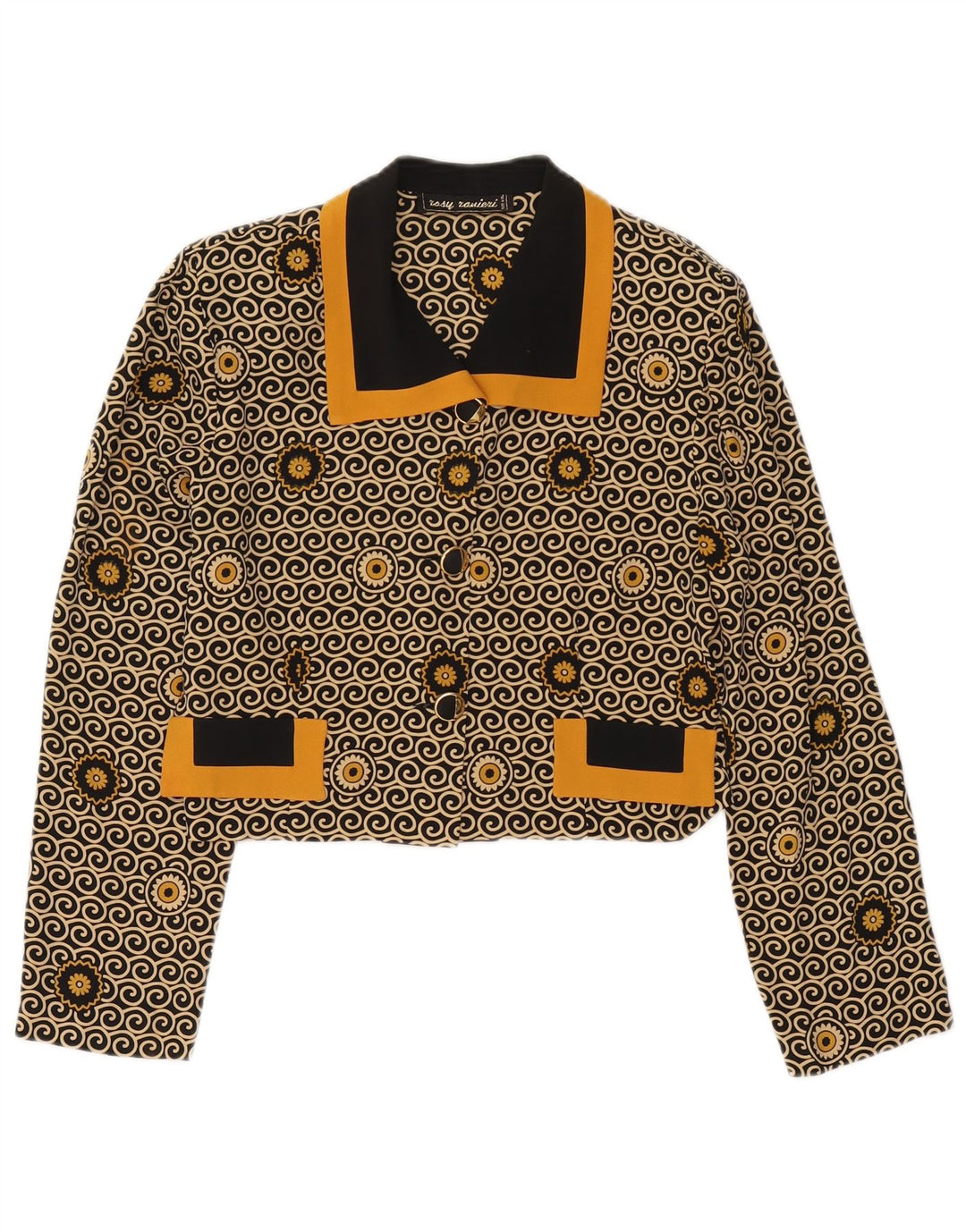 Vintage Dame Crop 3 Button Blazer Jacket UK 8 Small Black Floral