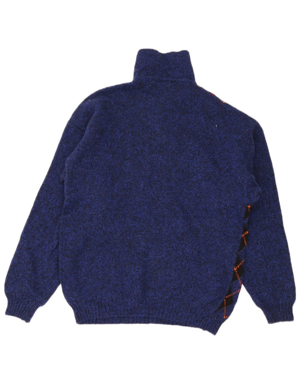 Benetton Herre Polo Neck Jumper Sweater IT 48 Small Blue Argyle/Diamond Wool