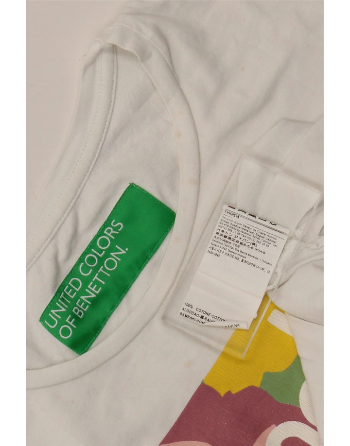 Benetton Dame Grafisk T-Shirt Top UK 14 Medium Hvid Bomuld