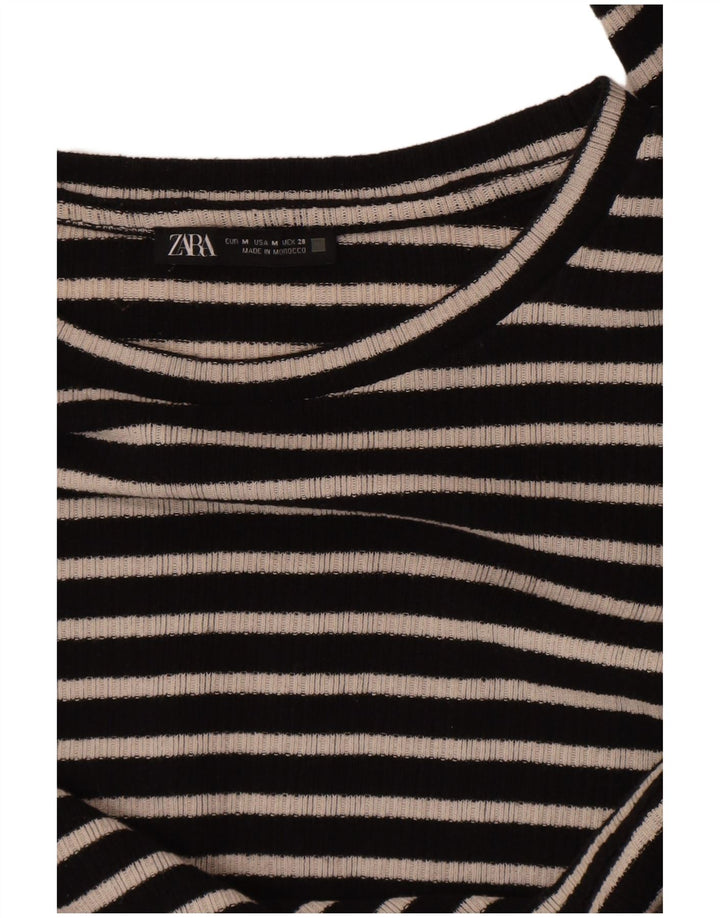 Zara Dame Crop Top Langærmet UK 12 Medium Sort Stribet