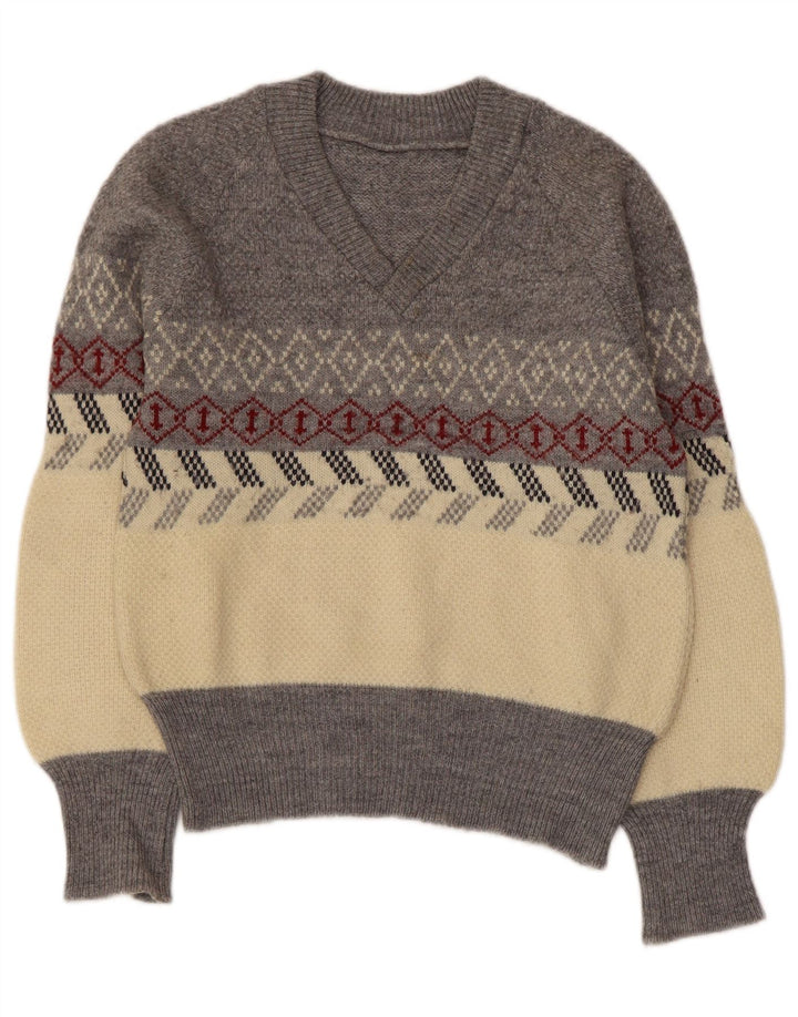 Vintage Dame V-hals sweater UK 10 Small Grey Argyle/Diamond